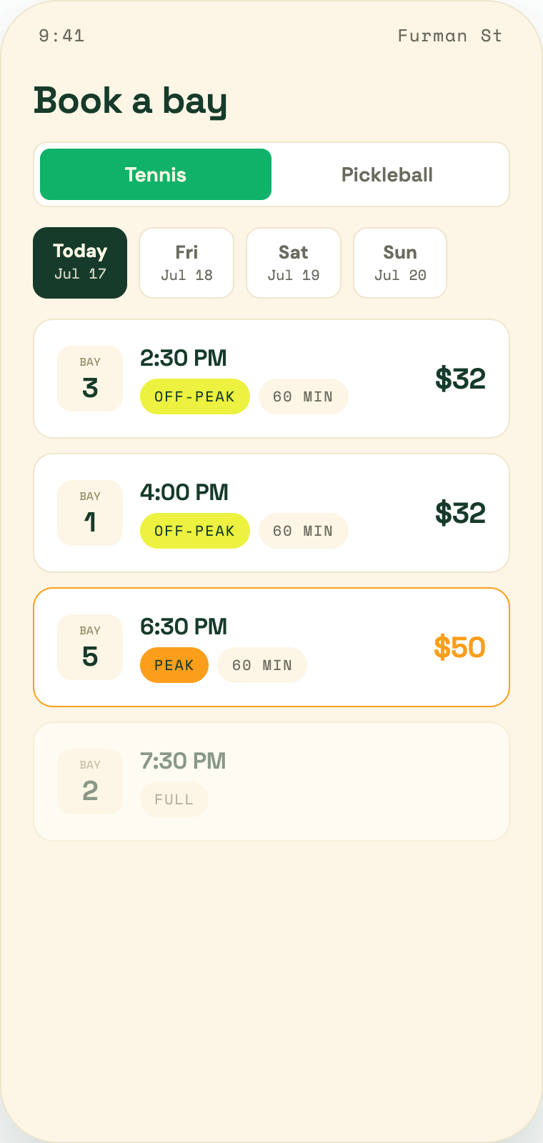 The Tennis Terminal app showing available bays to book