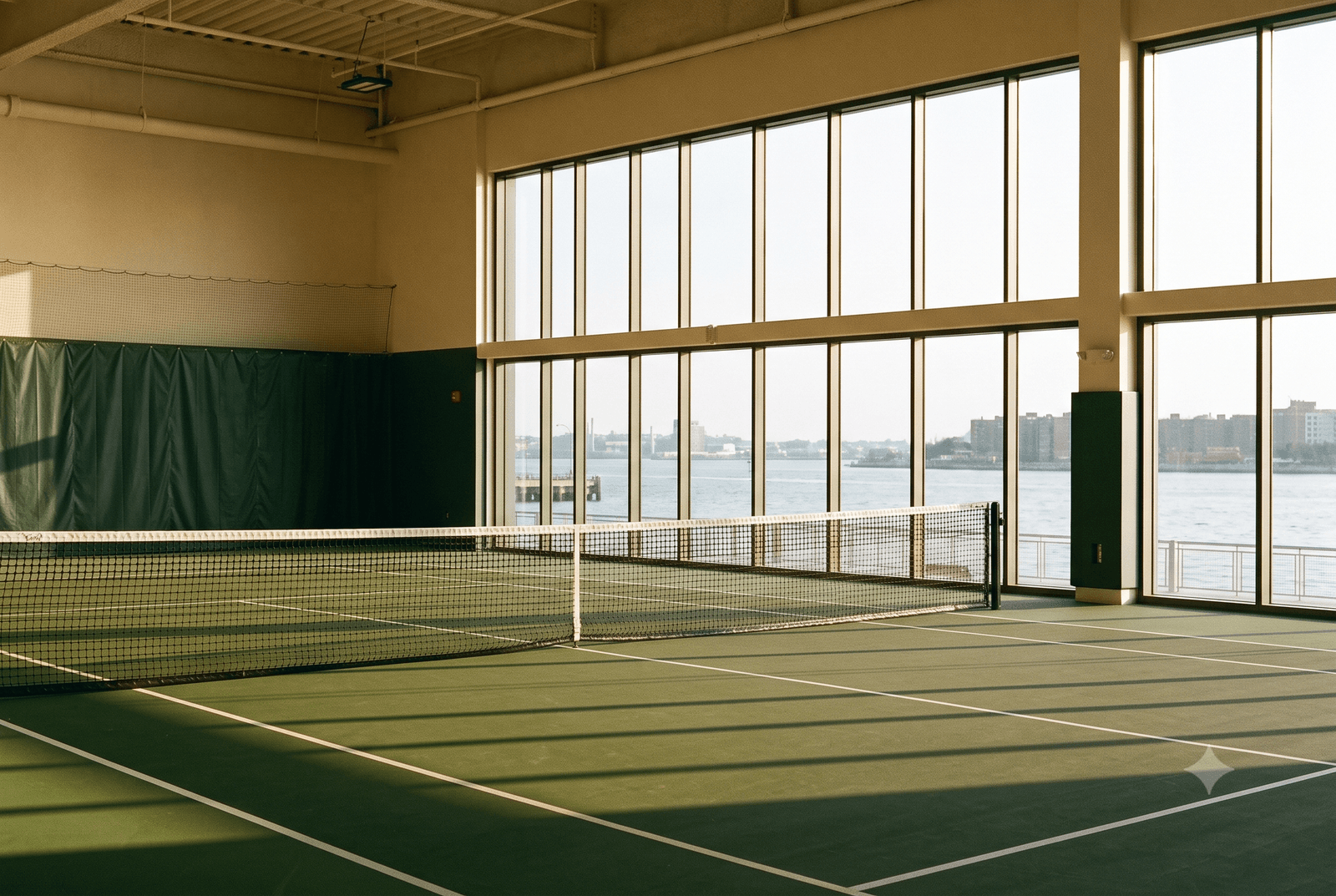 Empty indoor bay at Tennis Terminal with windows onto the Brooklyn waterfront