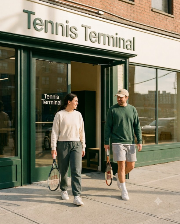 Two people walking out of the Tennis Terminal storefront with racquets